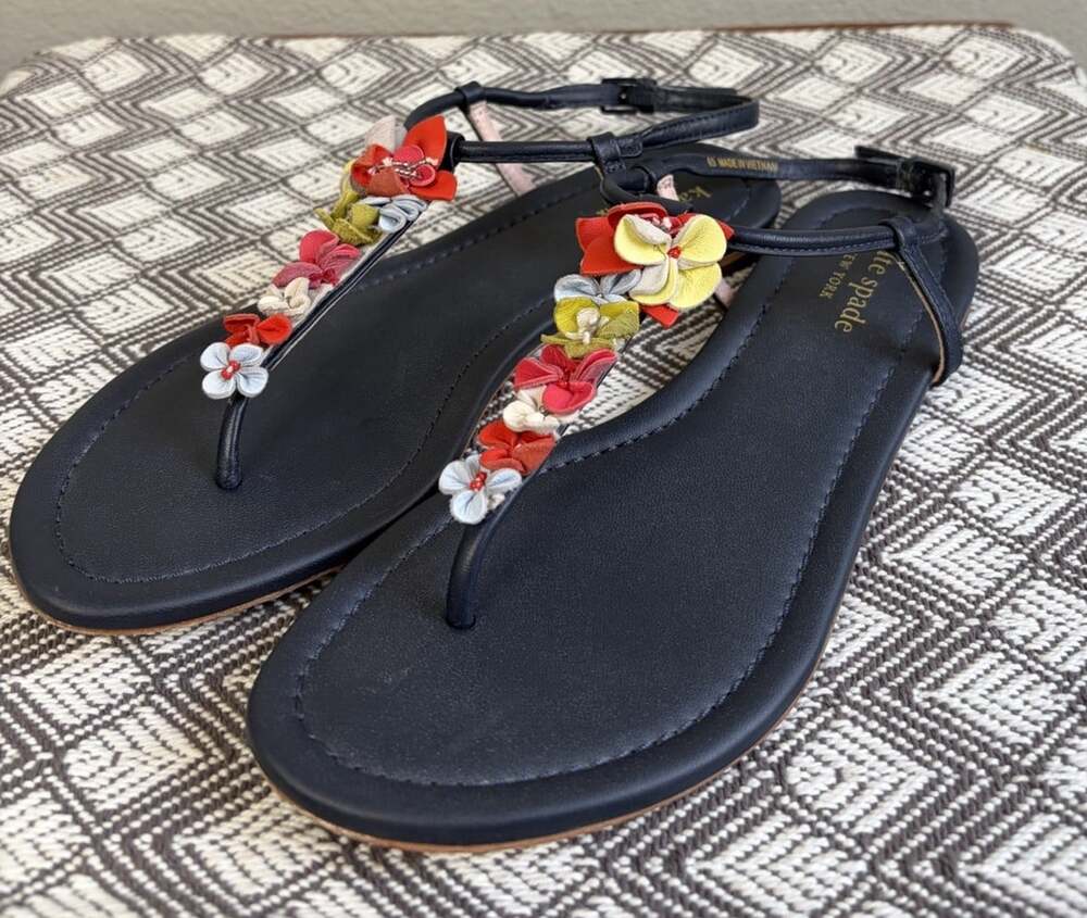 Kate Spade Rosalie T strap Flat Sandals Women 6M Leather Navy Blue Upper Floral